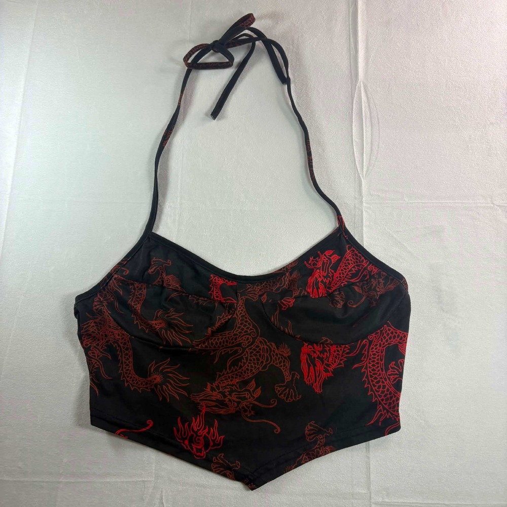 SHEIN Red Dragon Print Halter Crop Top Black Y2K Streetwear Sleeveless Small